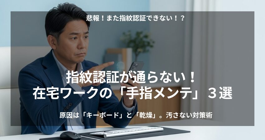 デスクでスマートフォンの指紋認証が通らず困っている40代男性。キーボード操作が原因の手荒れ対策や、ベタつかないハンドクリームを紹介する記事のアイキャッチ。
