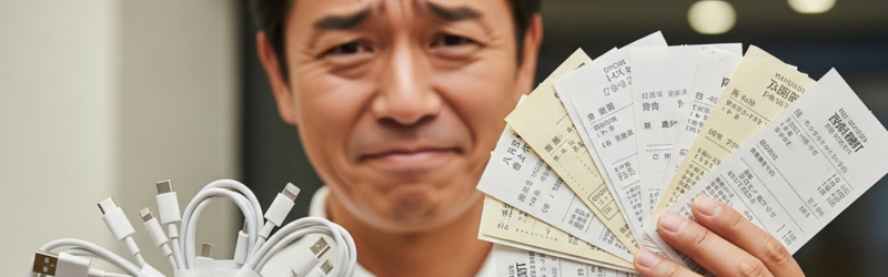 整理の第一歩!在宅ワーカーが手放すべき「いらないモノ」
レシートやケーブルを持って困っている男性
