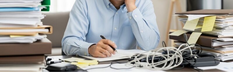 貧乏性な僕らを襲う!デスク上の「モノ」の弊害
ケーブルや資料で埋め尽くされたデスクで作業中の男性