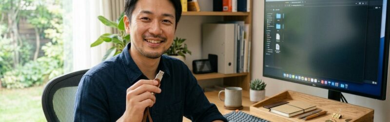 お洒落なレザー製のストラップが付いた小さなUSBメモリを手に持ち、カメラに向かって安心したような笑顔を見せている。