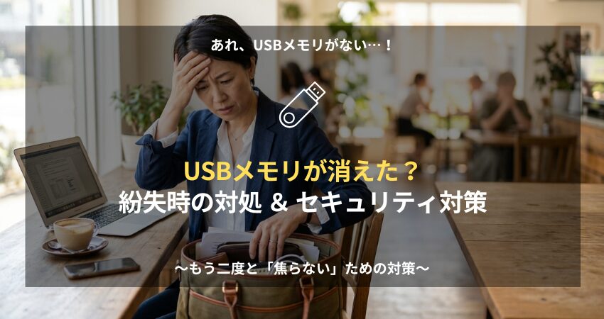 USBメモリを紛失して焦る女性と、情報漏洩を防ぐためのセキュリティ対策を解説するイメージ画像