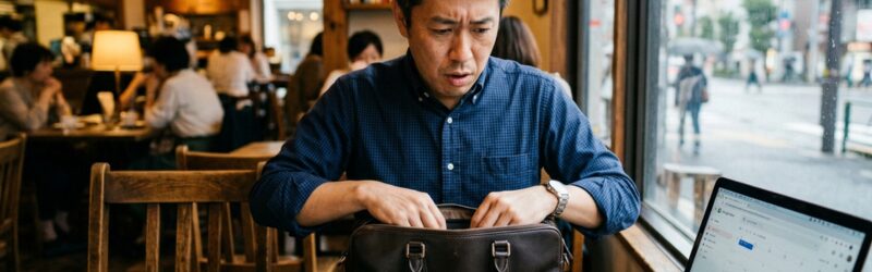 カフェの窓際席で、少し焦った表情でビジネスバッグの中身を探していたが、動きを止め、深く呼吸をして冷静さを取り戻そうとしている。