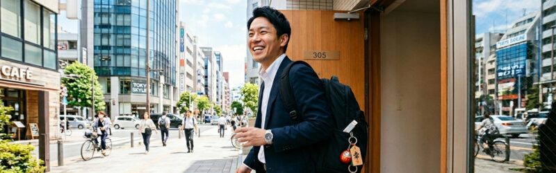 USBメモリのセキュリティ対策・漏洩対策をして安心して仕事に向かう男性。