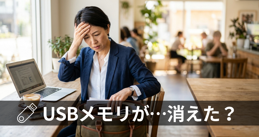 USBメモリを紛失して焦る女性と、情報漏洩を防ぐためのセキュリティ対策を解説するイメージ画像