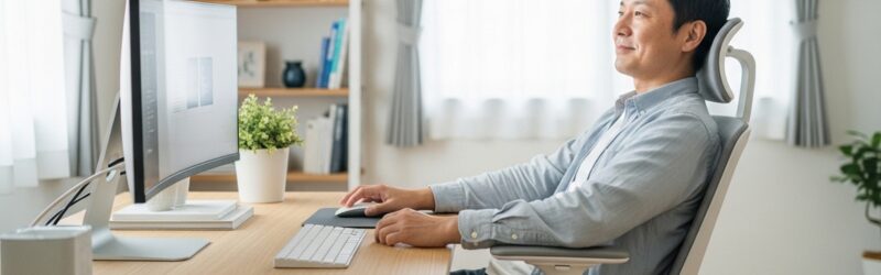 アームレスト（肘置き）があることで肩と首が重みから解放されリラックスできている男性。