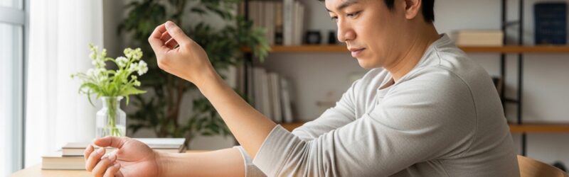 アームレストがなく、肩や首に負担をかける重みがある腕を眺めている男性。