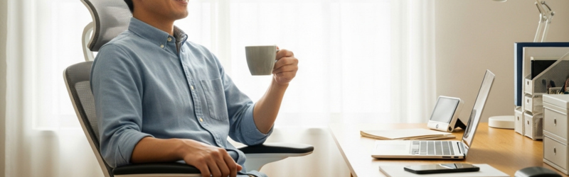 アームレストのある椅子でリラックスしてコーヒーを楽しむ男性