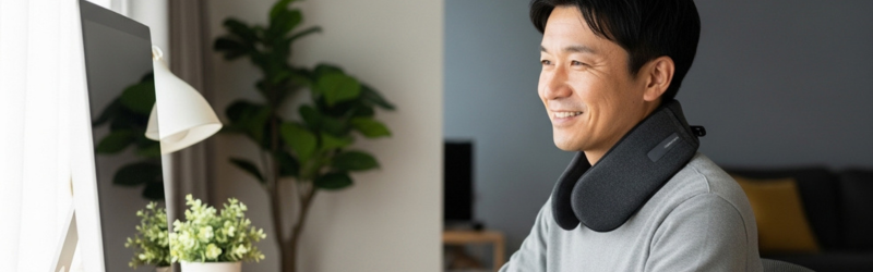 在宅ワークに必須！「頼れるツール」の機能条件
ネックヒーターを付けて作業をしている男性。リラックスした表情