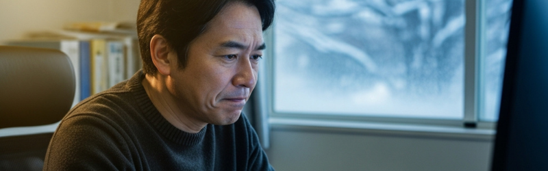 寒さが肩こり・頭痛を引き起こす！体の「無意識の緊張」を知ろう
冬の寒い中パソコン作業を頑張っている男性。少し疲れた表情