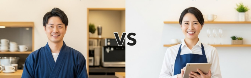 エックスサーバーとConoHa WINGおすすめなのはどっち？信頼感のあるカフェとタブレットを持った新しいタイプのカフェイメージ