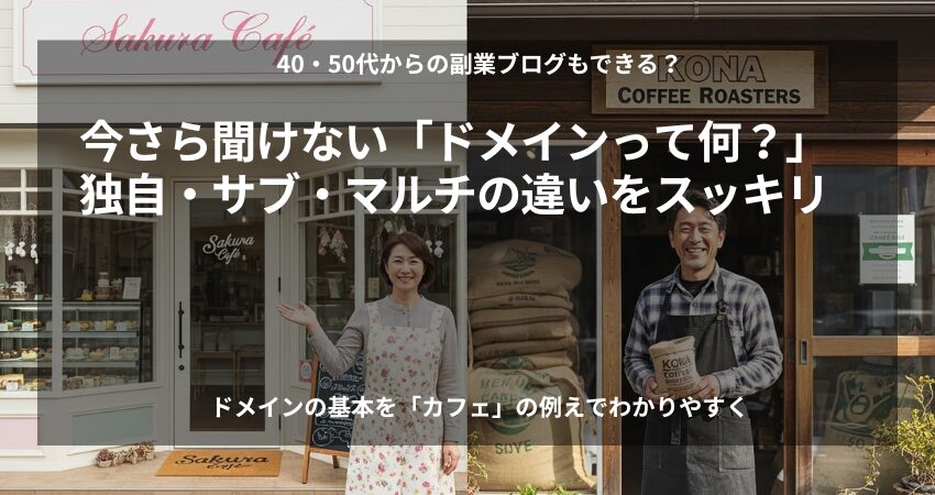 ドメインの仕組みをカフェとコーヒー豆ショップに例えた解説イラスト。40代・50代のブログ初心者向け。