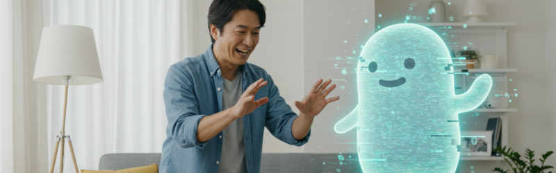 WiFiトラブルを模したキャラクターに対処する男性