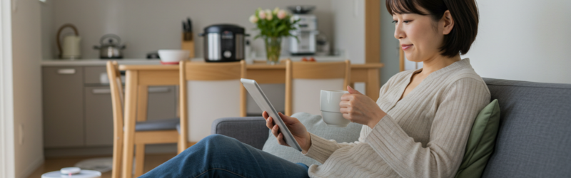 時短家電に家事を任せて時間と心の余裕ができた女性が、ソファーに座りリラックスしてタブレットを楽しんでるイメージ