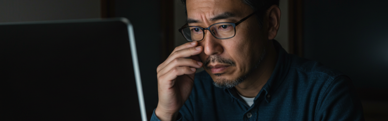 40・50代在宅ワークの「つらい目の疲れ」はなぜ起きる？目の疲れを気にして作業している男性