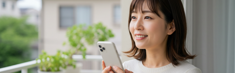 まずは5分、スマートフォンに話しかけてみようとする女性のイメージ