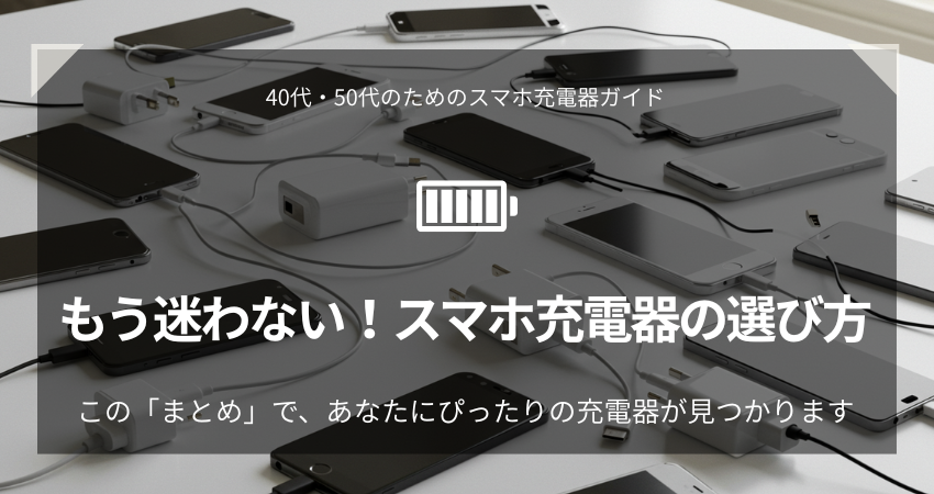 40代50代のためのスマホ充電器ガイド。デスクに置かれたスタイリッシュな充電器とスマホ。選び方やPD、QCの違いを解説する記事のアイキャッチ画像。