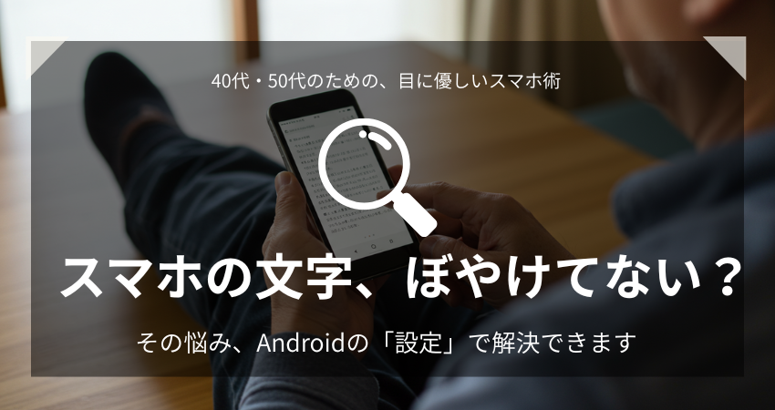 50代の男性がデスクでAndroidスマホを快適に見ている様子の画像。「スマホの文字、ぼやけてない？」というキャッチコピーと、「その悩み、Androidの『設定』で解決できます。」というテキストが書かれている。