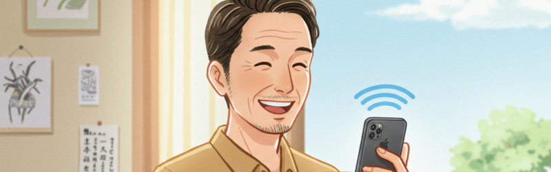 男性が音声認識率を上げるコツを知り、楽しそうに音声入力を活用しているイメージ