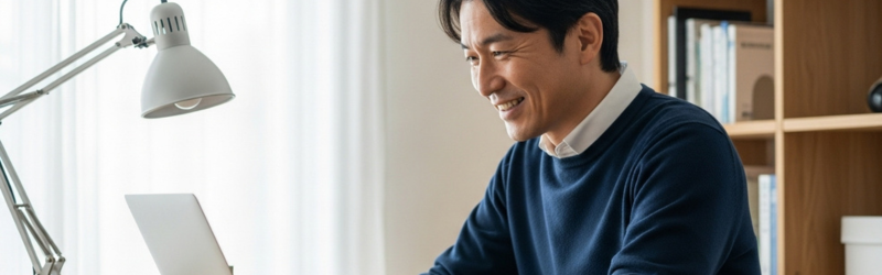 買い替えの決め手!40代50代の在宅ワークが快適になる3つの理由
充電のストレスが減って作業効率が上がって笑顔で作業する男性