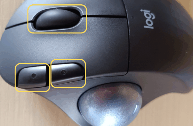 Logi Options+で機能を好きにカスタマイズできるボタンが分かるように黄色に囲われてる画像。