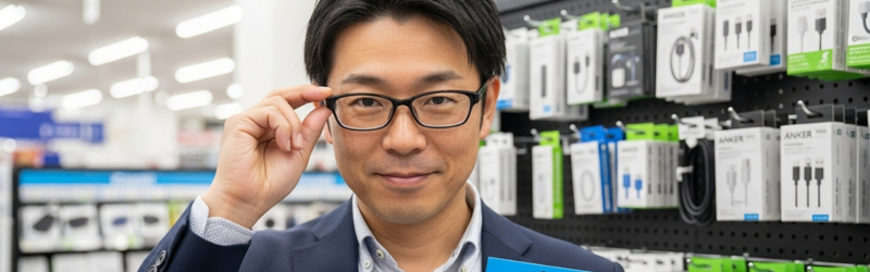 充電が止まる・仕事がストップ…を避ける!ケーブル選びのコツ
ケーブル選びに自信満々でメガネを触り「キリッ」の男性