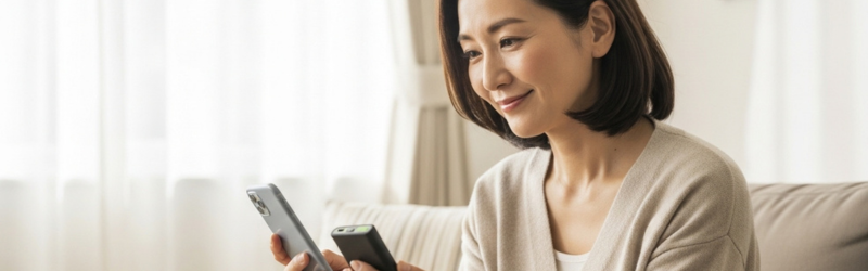 まとめ｜モバイルバッテリーはデジタルライフの「安心」を買うツール
女性がモバイルバッテリーを手に入れて安心している様子