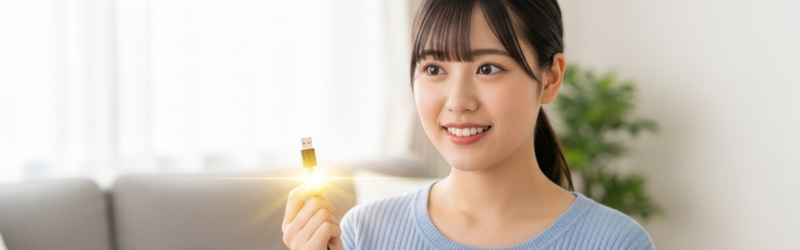 PowerIQ専用ケーブルについて疑問があったが理解し、すっきり顔の女性