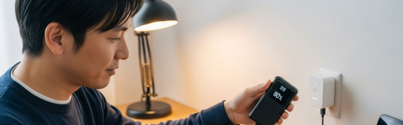 バッテリーを長持ちさせる!充電しっぱなしの注意点と対策
充電が80%になりモバイルバッテリーを取り外す男性