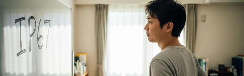 【IPコードとは？】「IP〇〇」の2つの数字が教えるガジェットの秘密
男性が「IP67」という文字を見ながら悩んでいる。