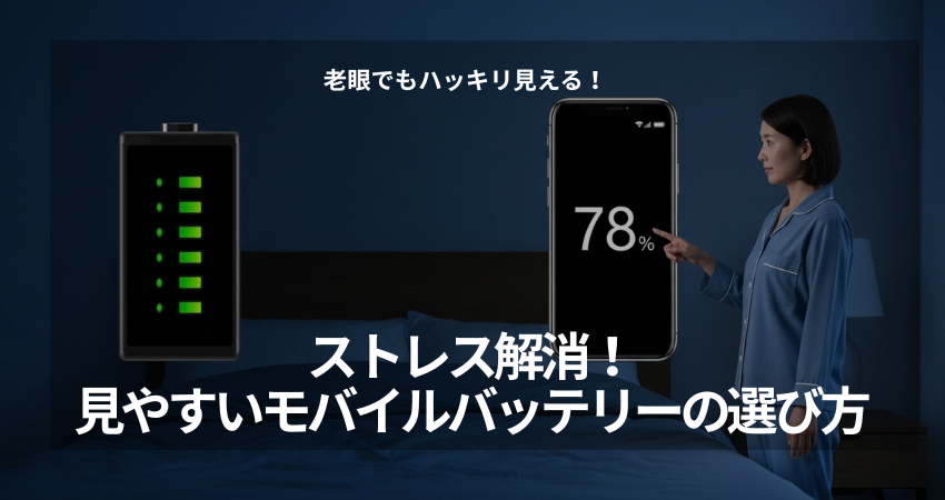 見やすいデジタル数字で残量表示されたモバイルバッテリー。老眼でもハッキリ見える40代・50代向けの選び方。