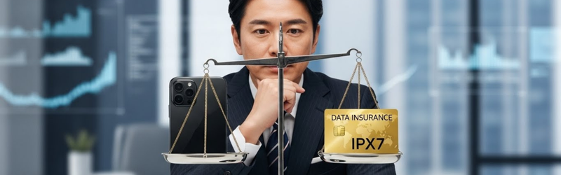 防水性能と「価格」の現実！賢い在宅ワーカーのためのコスパ判断。男性が天秤にあるスマホとIPX7と書かれたカードを見ている