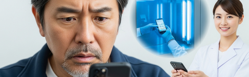 安心保証！どこまで自分でやる？プロに任せるべきリスク判断
困った男性の後ろでプロの検査を行っているイメージ