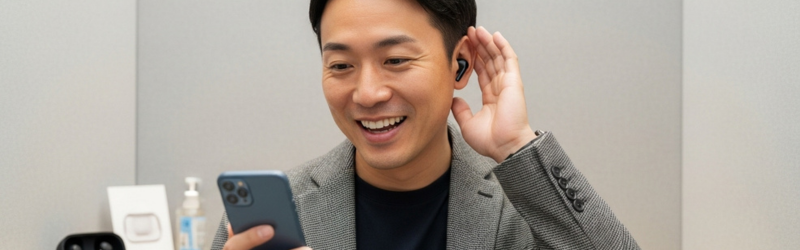 ショップで試聴して思った以上にノイズキャンセリング機能が良く驚いている男性。