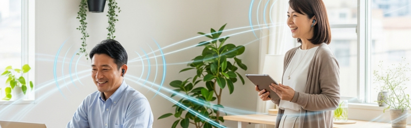 Bluetooth機器が多すぎて混雑
リビングで男性と女性のイヤホンが干渉しているイメージ