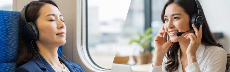 ANCで音楽を楽しむ女性とENCでWeb会議を行う女性のイメージ