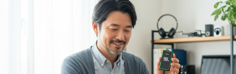 ストレスを解消!老眼世代のモバイルバッテリー選び方4原則
見やすいパーセント表示で喜んでいる男性