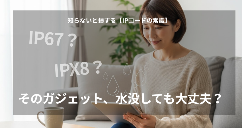 40代女性がリビングでタブレット作業中に水濡れリスクから解放されている様子。IPコードを理解して水没や雨対策をする在宅ワーカー向け防水ガジェット選びのアイキャッチ。