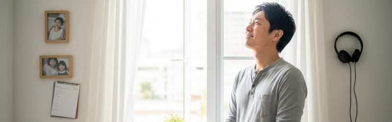 試さないともったいない！Amazonプライムをおすすめする理由
明るい窓の外を見る男性。プライム会員になってよかったという表情