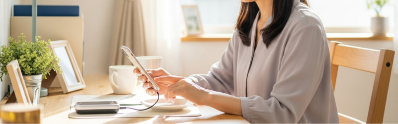 見やすさ重視!40・50代が選ぶべきモバイルバッテリー
最適なモバイルバッテリーで快適なスマホ生活をしている女性