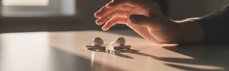 故障したワイヤレスイヤホンと、次の買い替えを検討する落ち着いたイメージ。