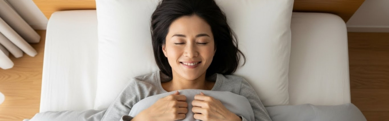 まとめ|KOIZUMIの電気毛布は「生活の質」への投資
電気毛布でぬくぬくの布団にくるまる幸せそうな女性