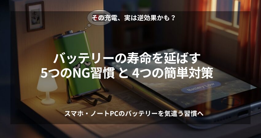 スマートフォンとノートPCのバッテリー寿命を長持ちさせるための対策を解説する40代・50代の在宅ワーカー向けイメージ画像。充電ケーブルやスタンドを使った正しいケア。
