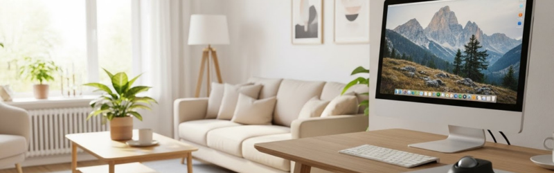 明るいリビングにパソコンとそれを操作するトラックボールが置いてある