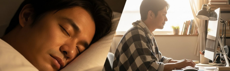 結論|「睡眠」と「仕事」。両方を温めるコスパの高いアイテム。
左側は電気毛布で良質な睡眠中の男性。右側は電気毛布を肩から掛け温かくデスクワークする男性