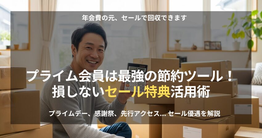 Amazonプライム会員のセール優遇による節約効果を示す、笑顔の在宅ワーカー。プライムデーやタイムセールでお得に買い物をする方法を解説。