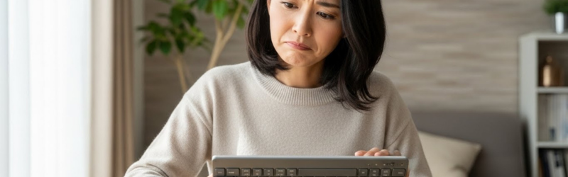 キーボードを眺めてメリットとデメリットを考えている女性