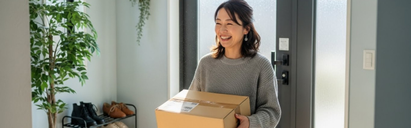 まとめ｜セール優遇のあるプライム会員は最強の「節約ツール」
届いた荷物をもって笑顔の女性