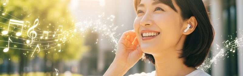 トラブルが解決し、ワイヤレスイヤホンで音楽を元気に楽しんでいるイメージ。