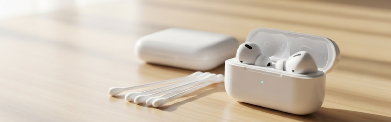 ワイヤレスイヤホンの充電端子を綿棒で掃除するイメージ。