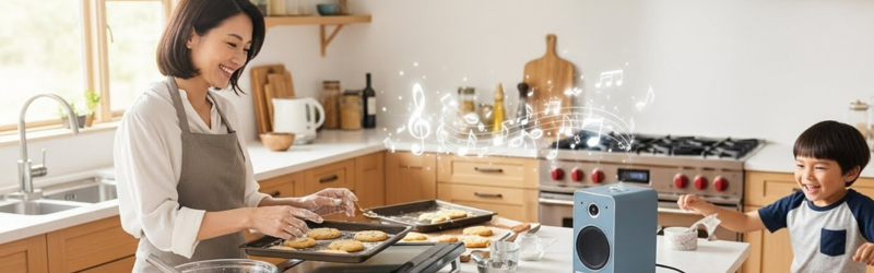 楽しそうにミュージックプライムの音楽を聴きながらクッキーを焼くお母さんとダンスを踊る子どものイメージ